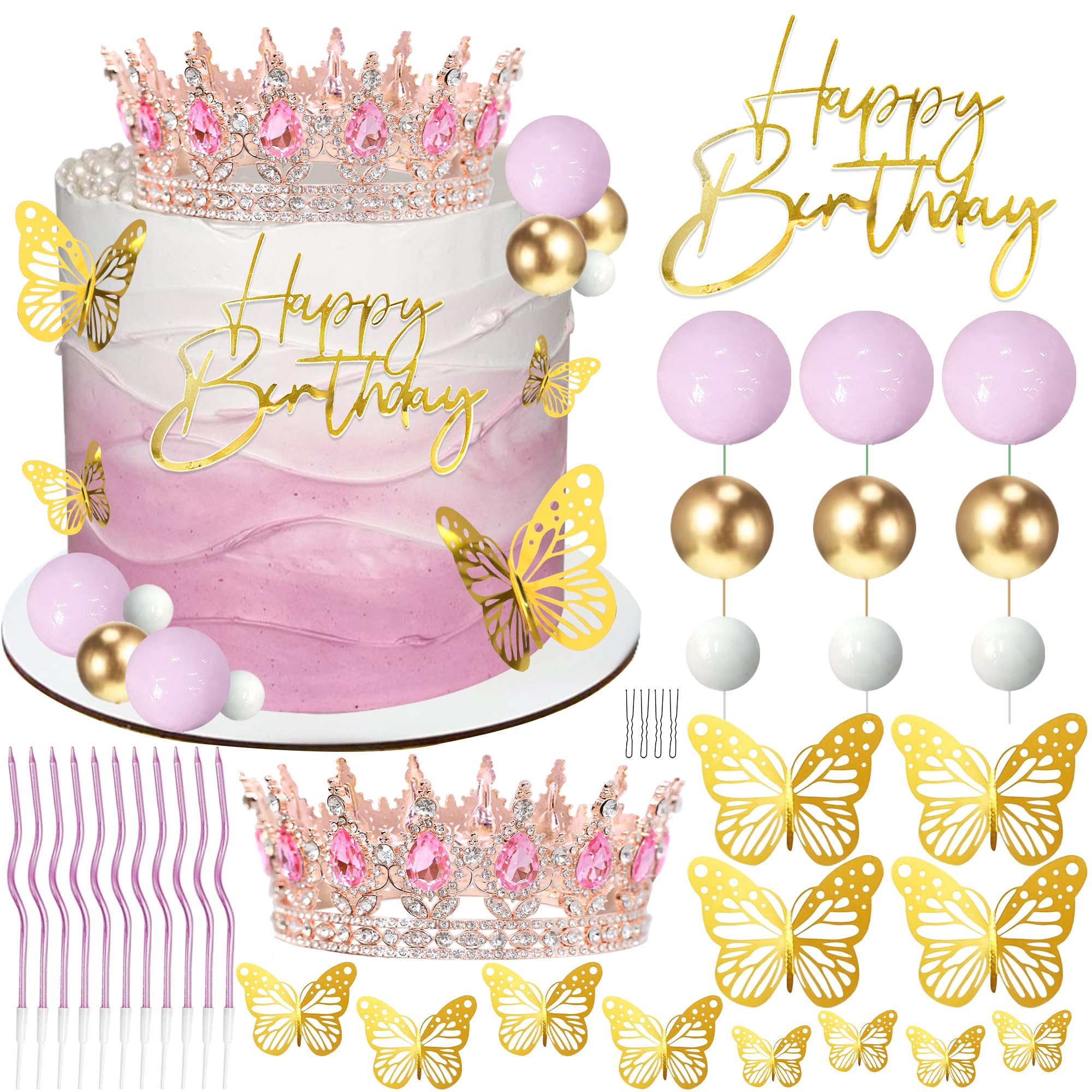 AMZVALU Crown Cake Topper, Happy Birthday Cake Toppers Pink Crown Balls Candles Gold Butterflies, Corona Para Pastel, Cake Decorations for Women Princess Queen Birthday Party Wedding (Rose Gold)