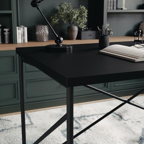 Martha Stewart Maddox Home Office Parsons Desk in Black Wood Grain with Oil Rubbed Bronze Metal X-Frame