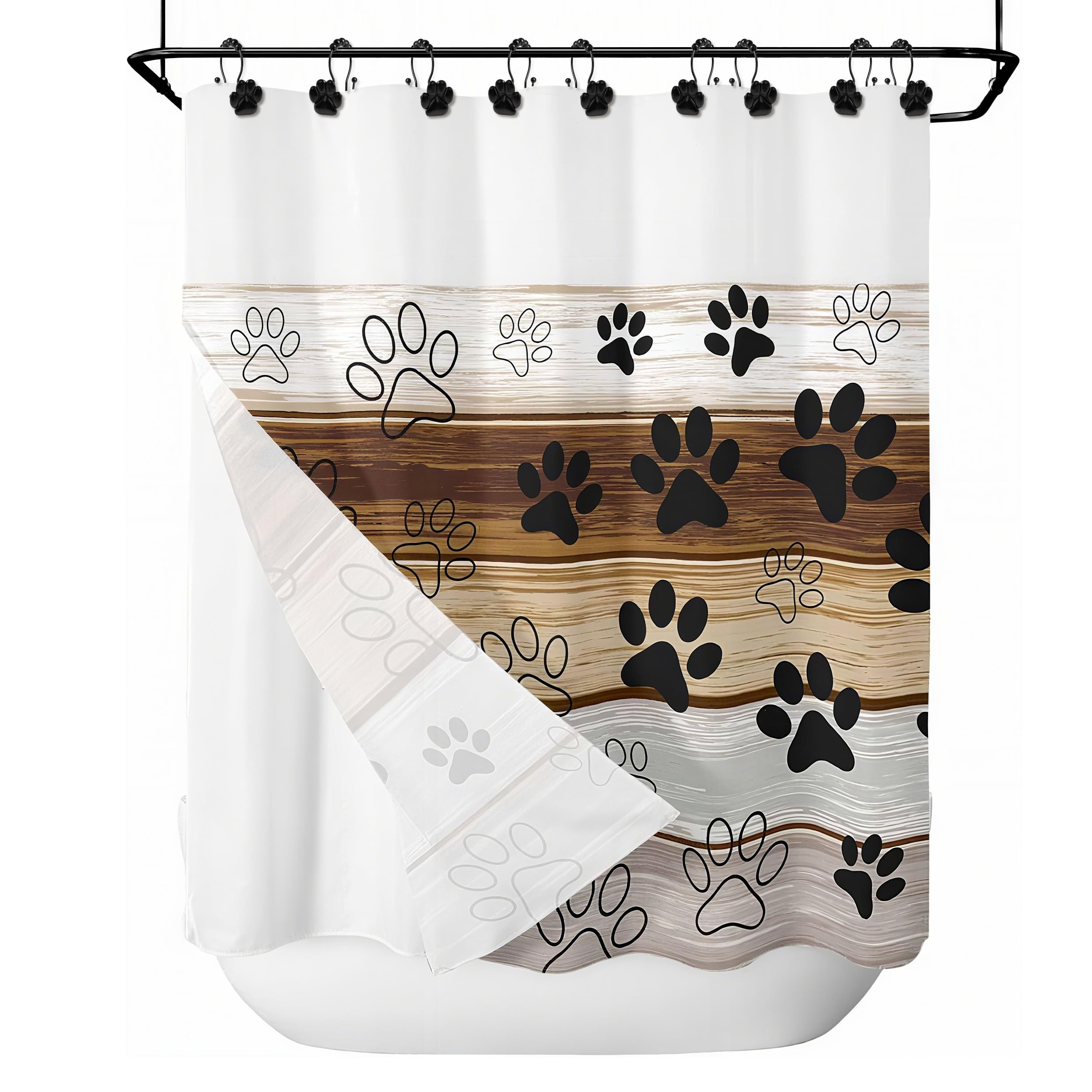 Sunlit Fashion Design Cute Paw Print Polished Double Shower Curtain Hooks for Dog Cat and Bear, Rust Proof Oil Metal Shower Curtain Rings, Black-12 Pack