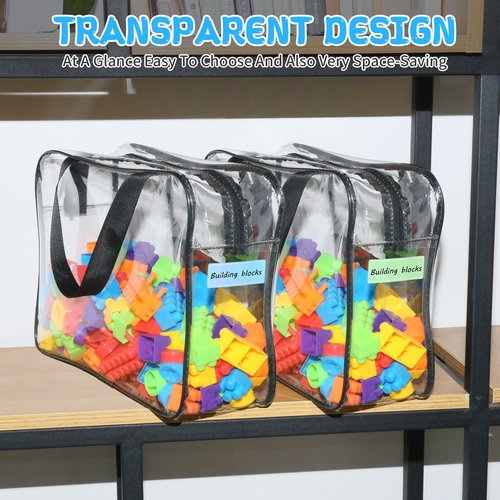 9 Packs Clear PVC Toy Storage Bags Include 6 Pcs Large and 3 Pcs Medium Toy Organizer Bags with Labels, Portable Handheld Zipper Bags for Organizing Board Game, Building Blocks, Puzzle, Kids Books