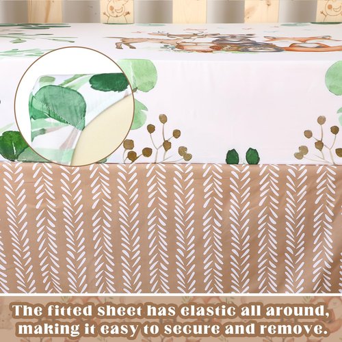 Hahafelt 3 Pcs Baby Crib Bedding Set Safari Animals Dinosaurs Bear Woodland Animals Jungle Crib Set Includes Quilt, Fitted Sheet, Skirt for Baby Boy Girl(Green,Woodland Raccoons Deer Etc.)