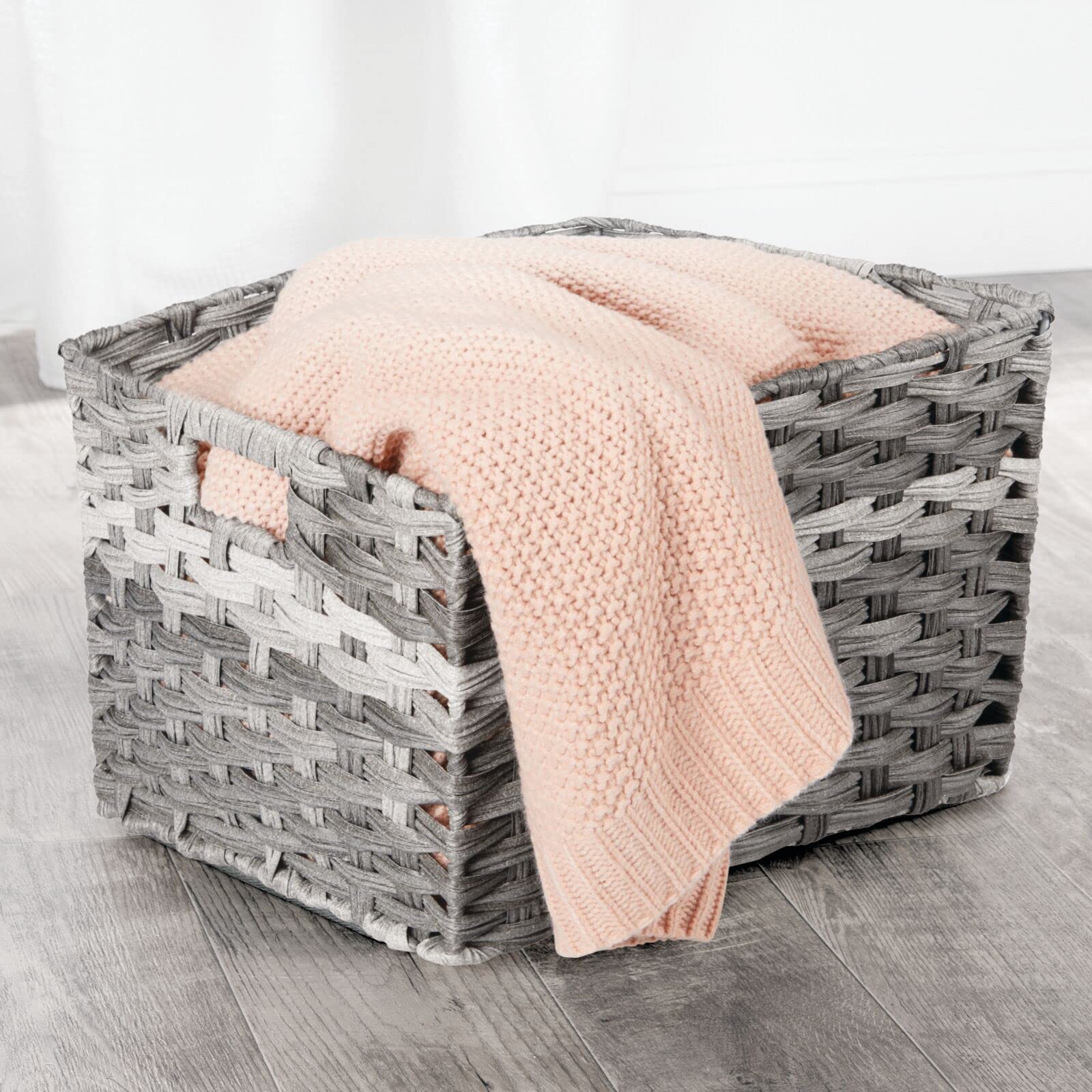 mDesign Wide Rectangular Woven Braided Rope Home Storage Baskets with Handles - for Organizing Closet, Bedroom, Bathroom, Living Room, Entryway, Office - 8.25" High, 2 Pack - Gray