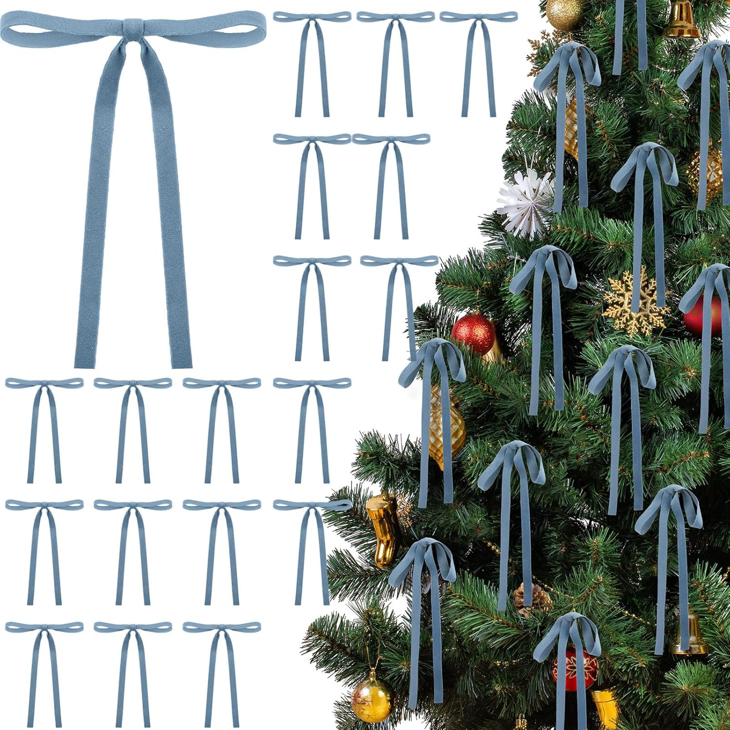 Skiennix Velvet Bows - Vintage Double-Faced Christmas Tree Ornaments | 24 Pcs, Dusty Blue (5 x 7 Inch)