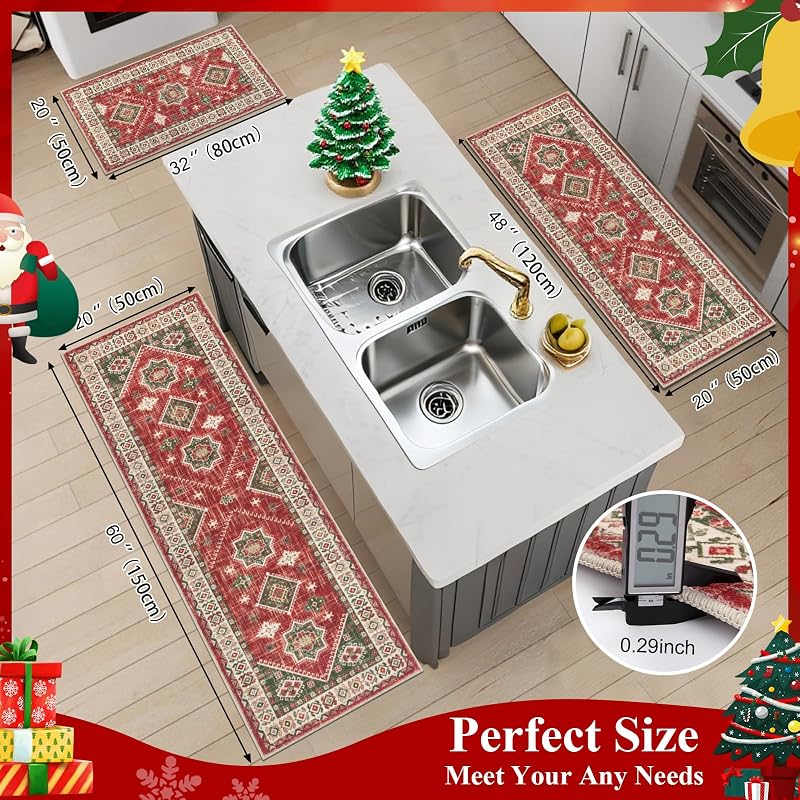 Christmas Kitchen Rug Set of 3 - Red & Green Non-Slip 20x32, 20x48, 20x59 variation: Red/Green+20"x32+20"x48+20"x59"