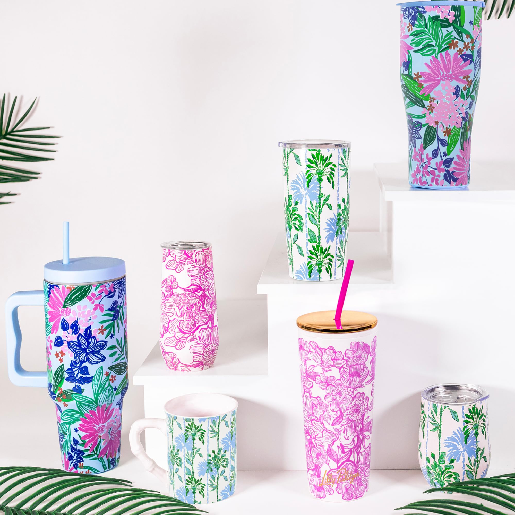 Lilly Pulitzer 10 Oz Stemless Champagne Flute, Small Stainless Steel Tumbler with Lid, Double Wall Insulated Metal Cup (Unforgettable Pink)