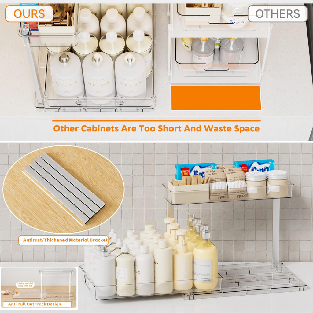 Yieach 2 Pack 14.5″ Deep Pull Out Under Sink Organizer,10.8″ High 2 Tier Slide Out Cabinet Organizer for Kitchen Cabinet,Undersink Organizers,Under Sink Shelves,Bathroom Organizers and Storage,Clear