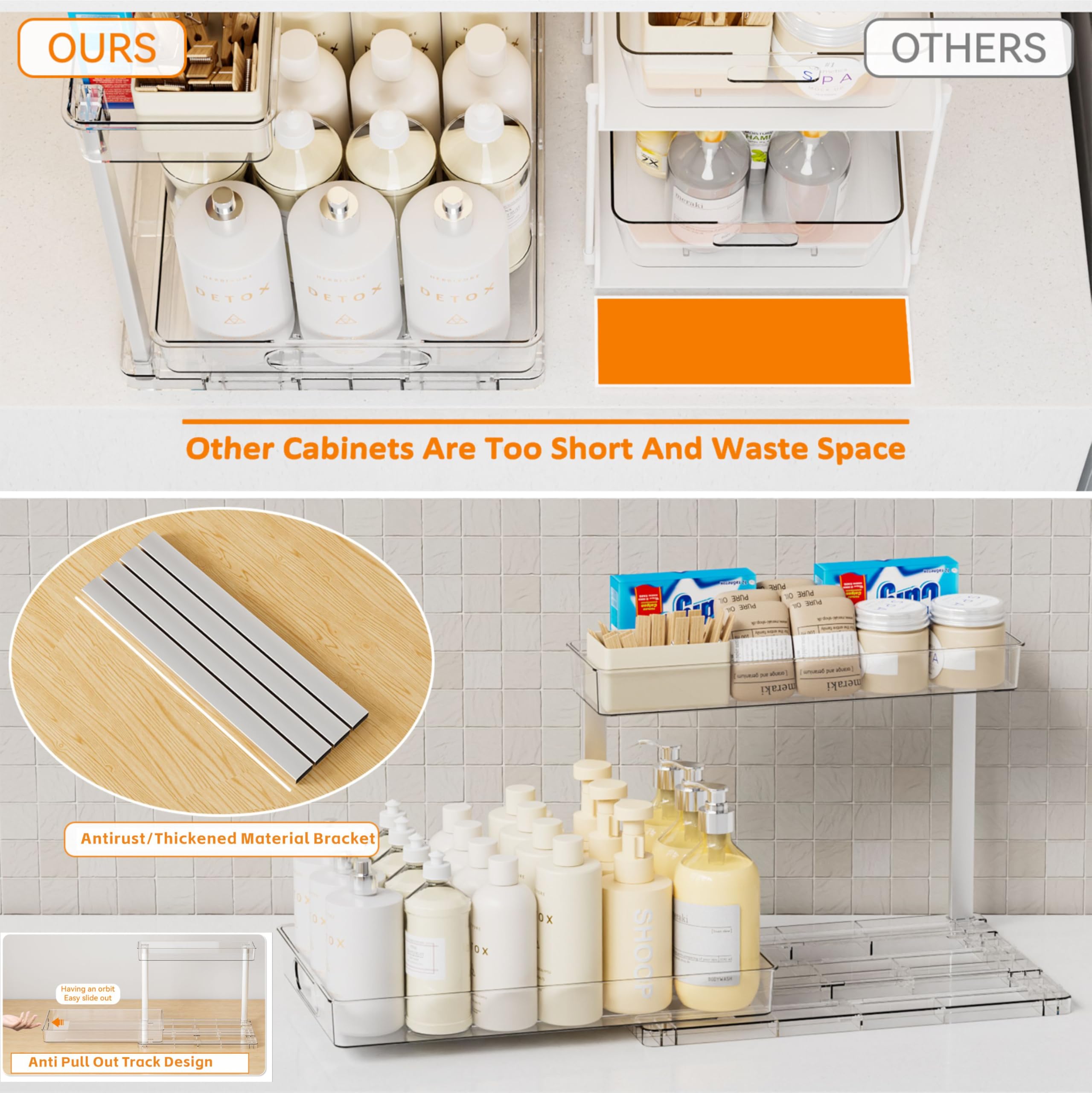 Yieach 2 Pack 14.5″ Deep Pull Out Under Sink Organizer,10.8″ High 2 Tier Slide Out Cabinet Organizer for Kitchen Cabinet,Undersink Organizers,Under Sink Shelves,Bathroom Organizers and Storage,Clear