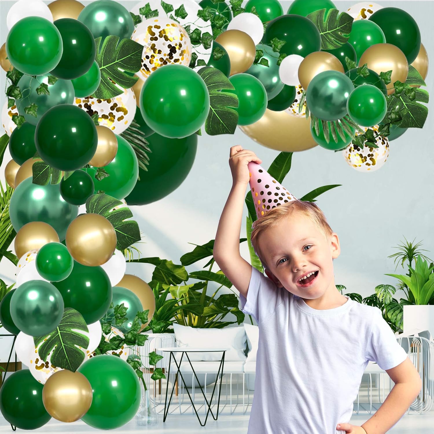 RUBFAC Jungle Balloons Garland Arch Kit - 152pcs Green & Gold Safari Decoration for Wild One Birthday
