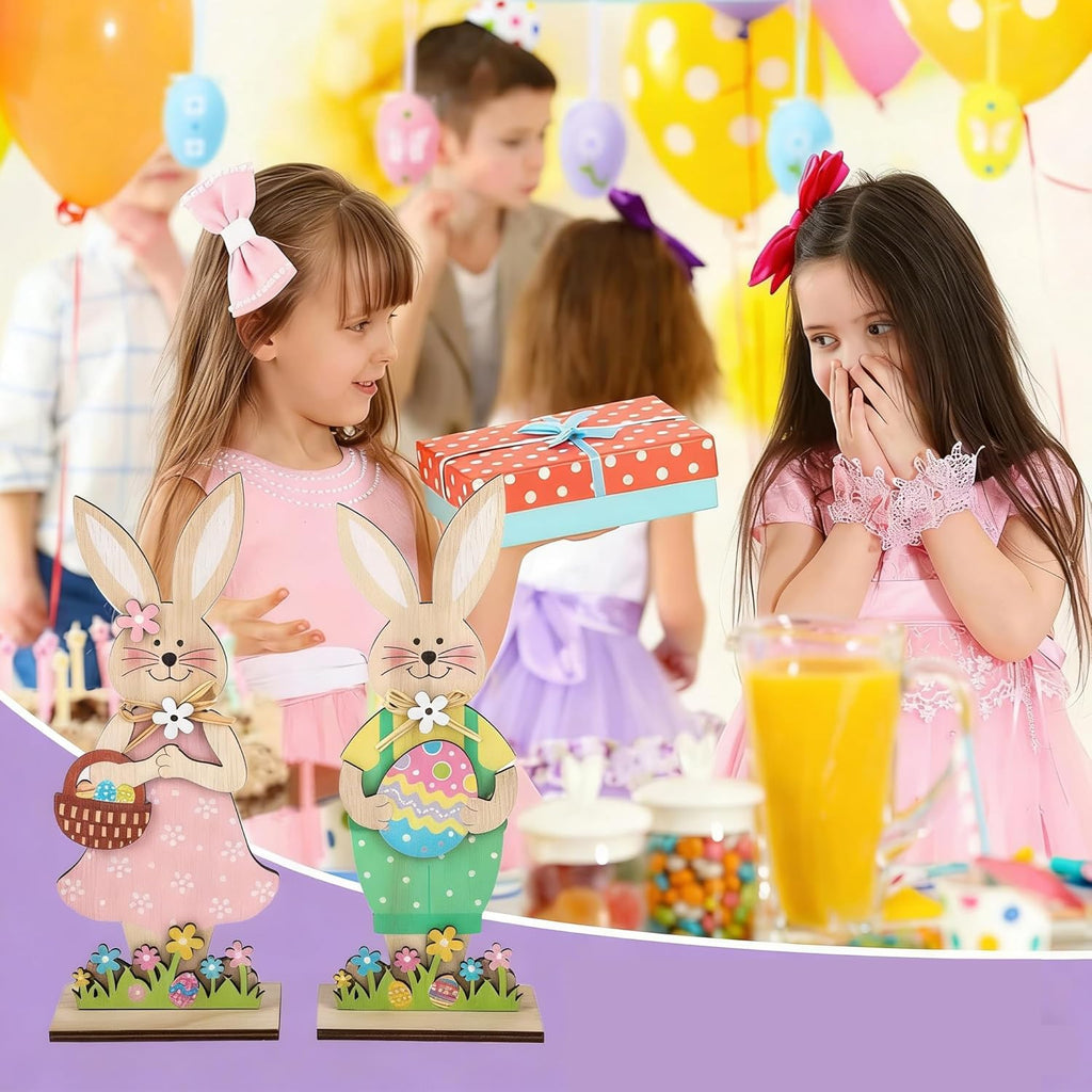 Skiennix Easter Wooden Bunny Tabletop Decorations - Colorful Standing Rabbit Figurines with Egg Basket | Spring Centerpiece