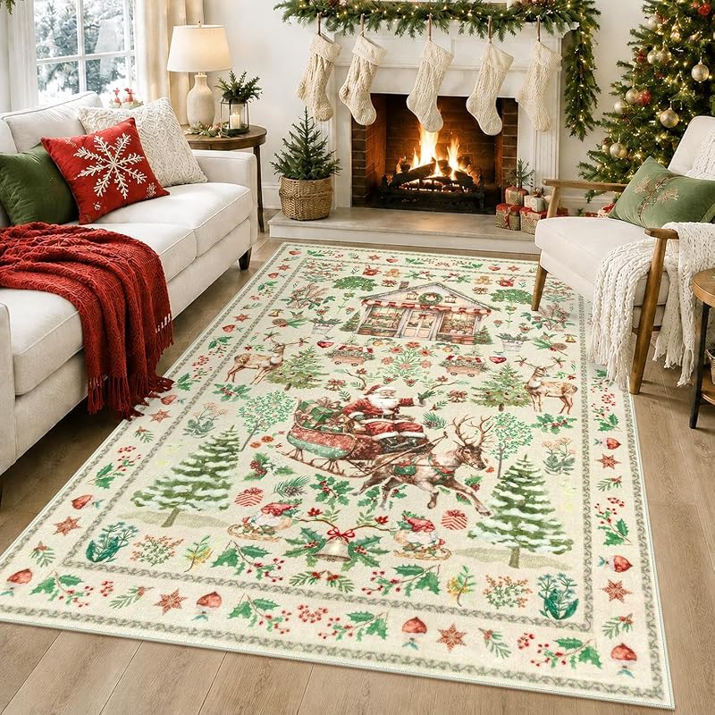 Beige Santa Claus 5x7 Area Rug - Xmas Christmas Living Room, Washable, Non-Slip Backing