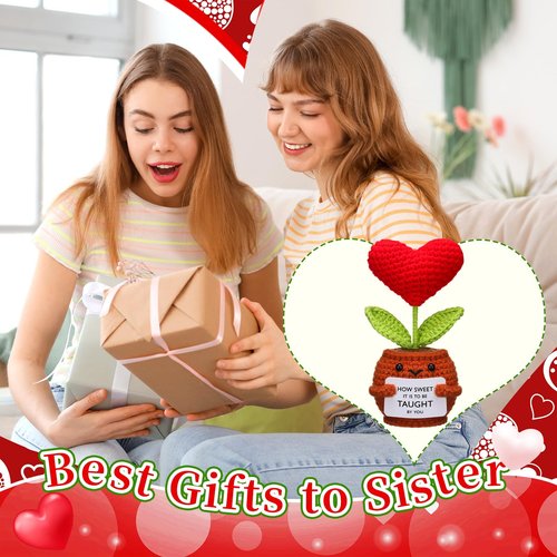 Wavwavw Valentine Galentine's Day Gifts for Sister Handmade Crochet Doll with Card Crochet Present for Sisters Sis Big Little Sister Birthday Wedding Home Decor(Valentine Heart)