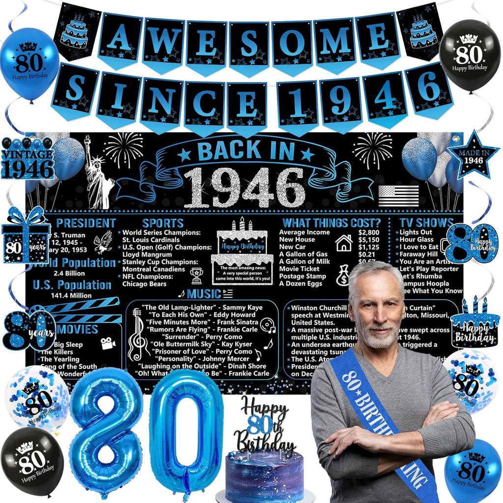 Trgowaul 80th Birthday Decorations - 20PCS Black & Blue Party Supplies Set | Banner, Sash, Cake Topper & Balloons