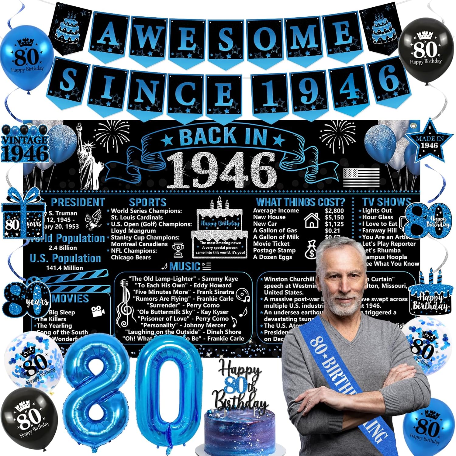 Trgowaul 80th Birthday Decorations - 20PCS Black & Blue Party Supplies Set | Banner, Sash, Cake Topper & Balloons