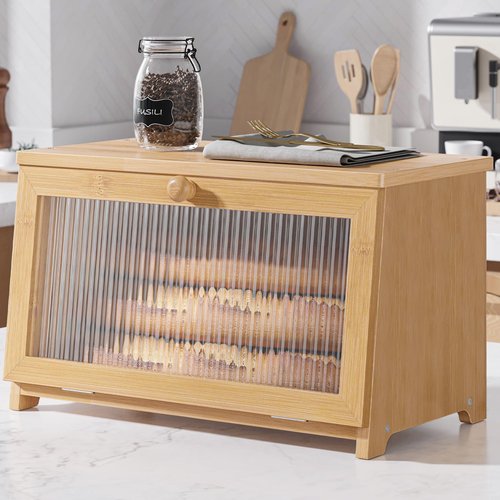 Kitsure Bamboo Bread Box Single Layer Kitchen Countertop Storage Organizer Natural Brown