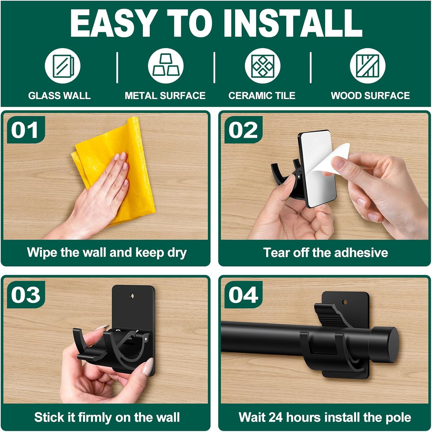 Skiennix No Drill Curtain Rod Brackets - 4 PCS Self Adhesive Hooks, 20lb Capacity | Rental Friendly for Home & Apartment