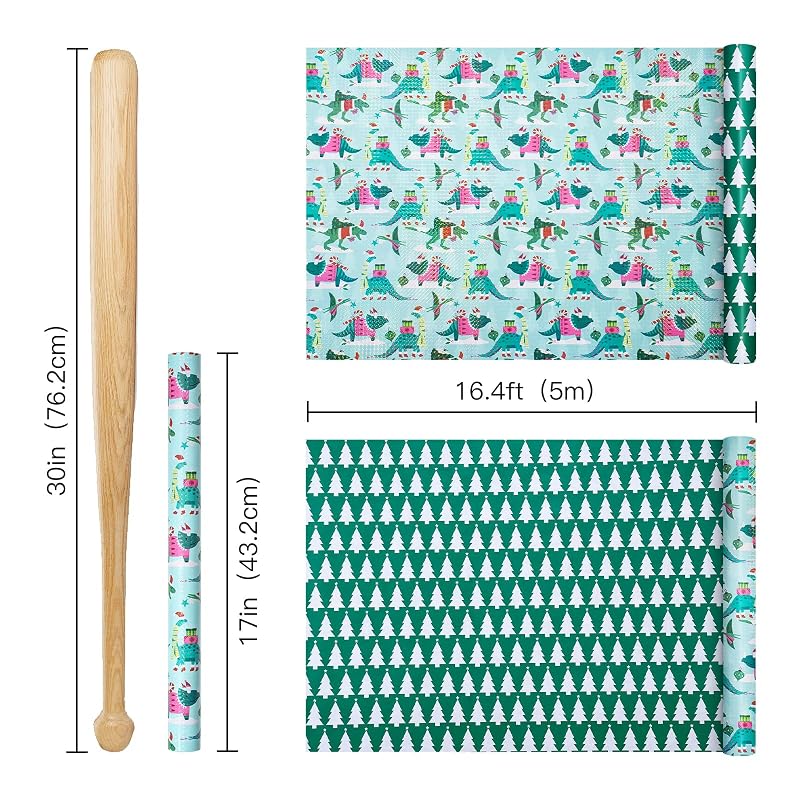Reversible Christmas Dinosaur Wrapping Paper Roll - 17in x 16.4ft, Blue/Green with Dino & Tree Design (Variation: Christmas Dinosaur & Plaid+17 in x 16.4 ft)