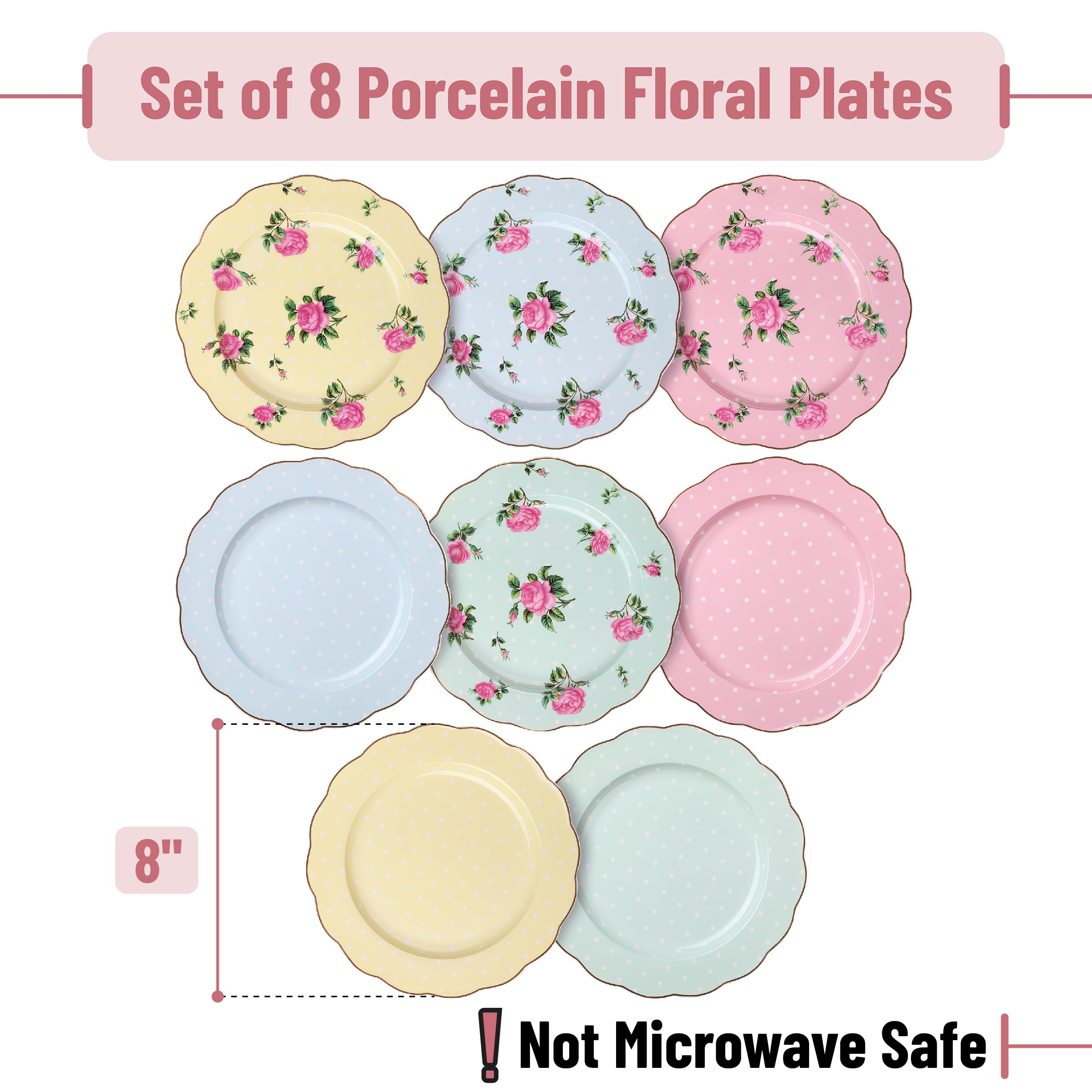 BTaT- Porcelain Floral Plates Set of 8, 8 Inch, Assorted Pastel Colors with Golden Rim, Floral Dessert Plates, Spring Dinnerware, Dishwasher & Freezer Safe, Mothers Day Gift