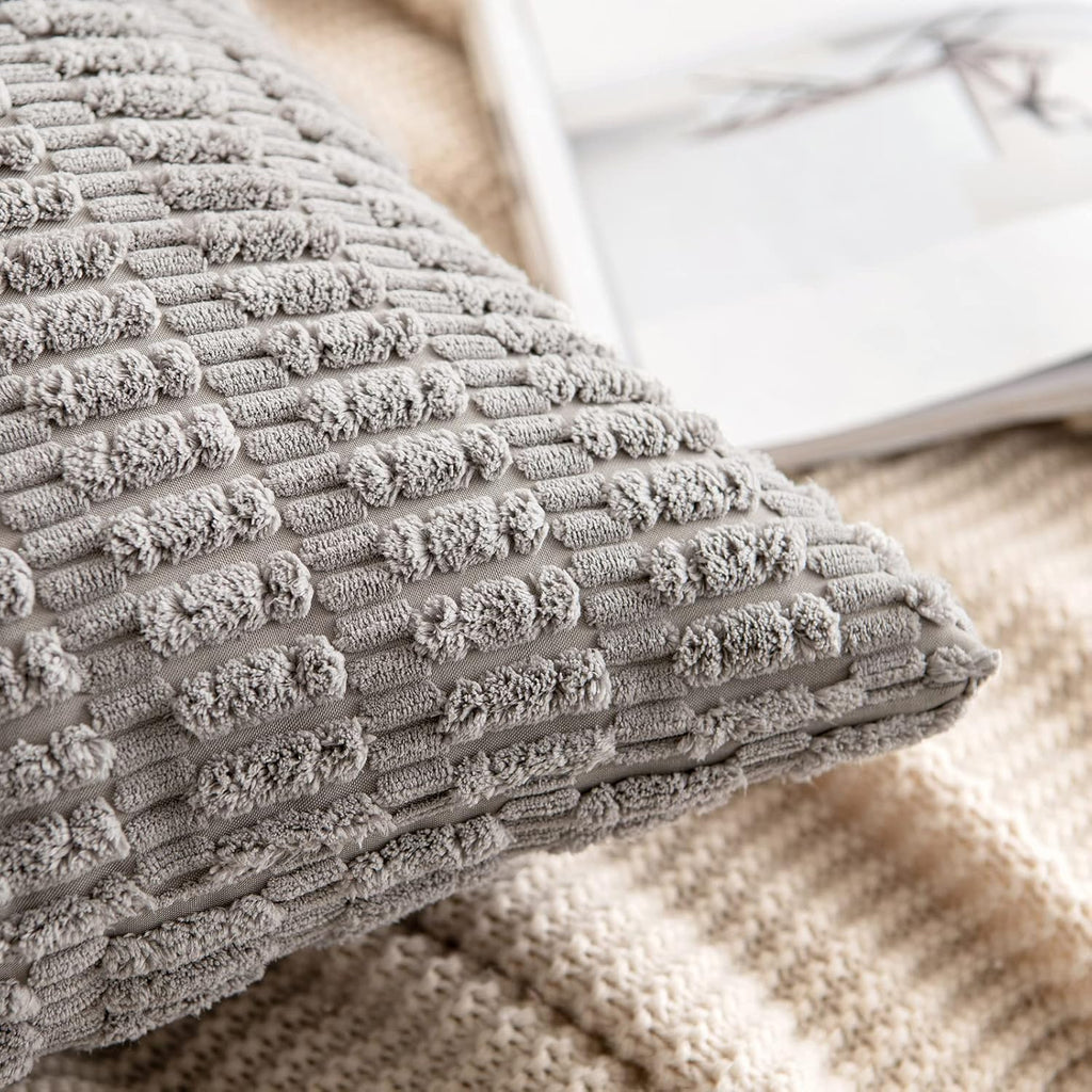 MIULEE Corduroy Throw Pillow Covers - Soft Boho Striped Design | 20x20 Inch Light Grey for Modern Home Decor