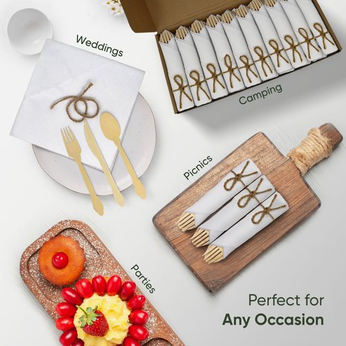 EcoPreps Luxury Pre-Rolled Napkin and Bamboo Cutlery Set (50 Pack, 200 PCS) 100% Biodegradable, Eco-Friendly, Disposable Wrapped Cutlery - Includes Pre-Wrapped Bamboo Forks, Knives, Spoons, & Napkins