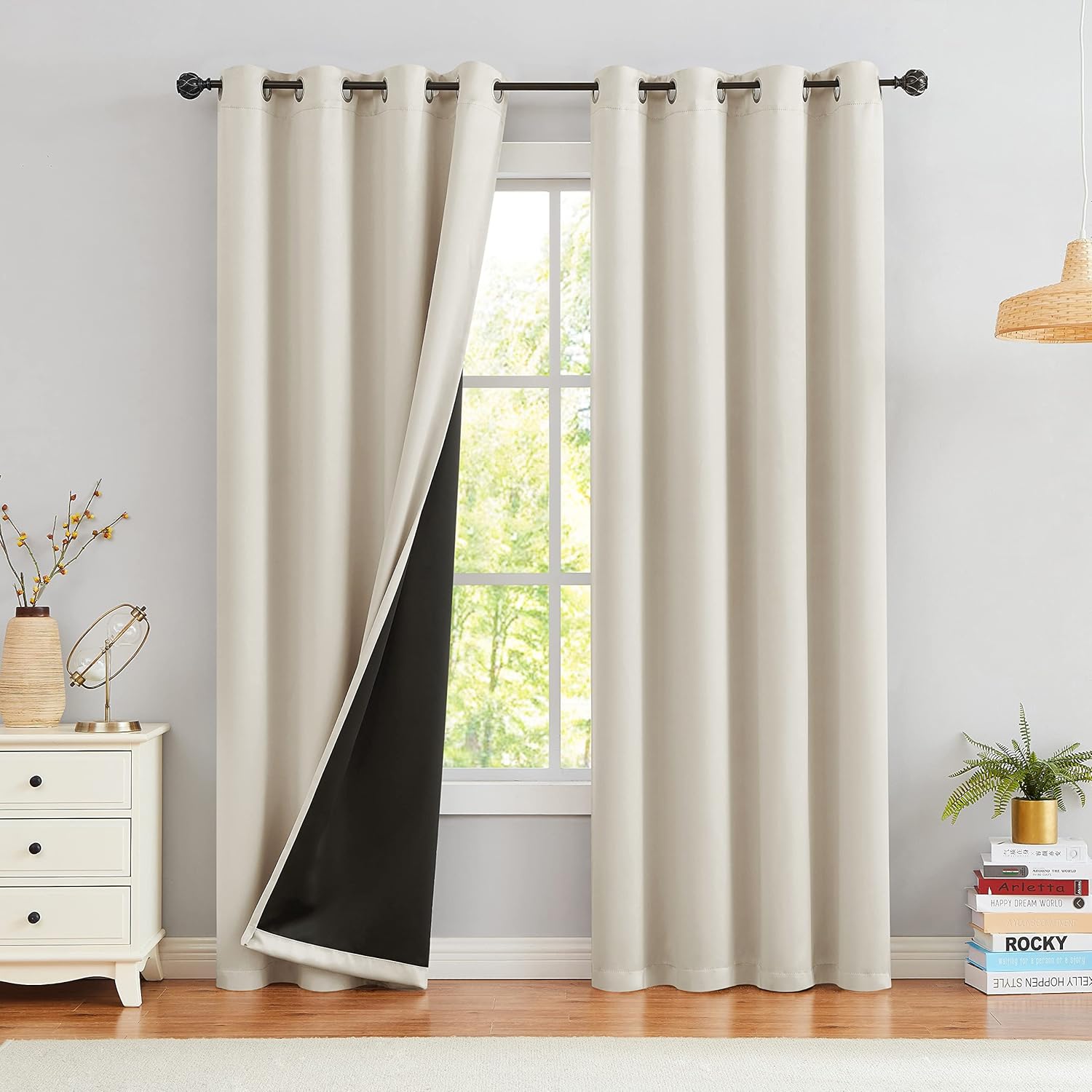 Urban Lotus Ivory Full Blackout Curtains - Thermal Insulated Room Darkening Drapes | 84 Inches, 2 Panels