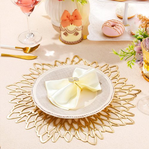 Suttmin 100 Pcs Dinner Placemats and Napkin Rings Bulk with Leaves Napkin Rings and Metallic Round Place Mats Sequin Placemats for Wedding Kitchen Leaf Dining Table Decoration
