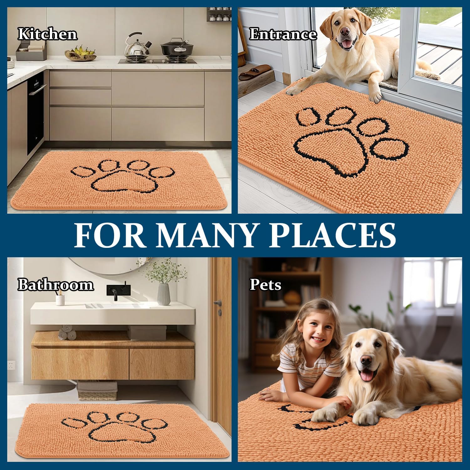 OLANLY Dog Door Mat - Absorbent Non-Slip Mud Mat for Muddy Paws | 48x30 Inches, Orange Paw Print Design