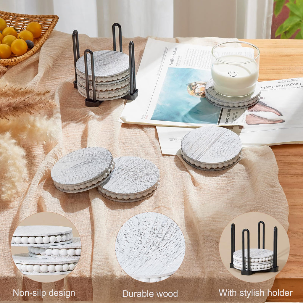 Set of 6 Wooden Coasters for Drinks-Farmhouse Wooden Bead Coasters with Holder for Coffee Table Decor