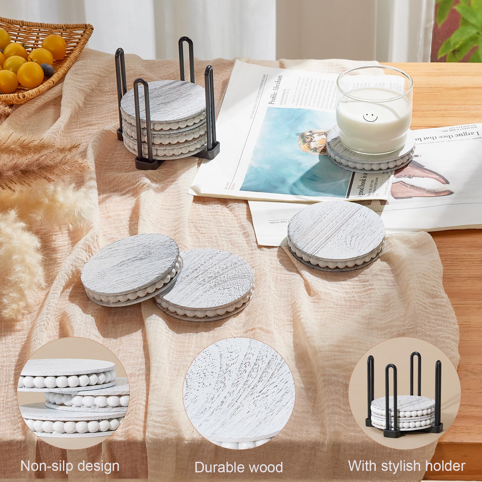 Set of 6 Wooden Coasters for Drinks-Farmhouse Wooden Bead Coasters with Holder for Coffee Table Decor