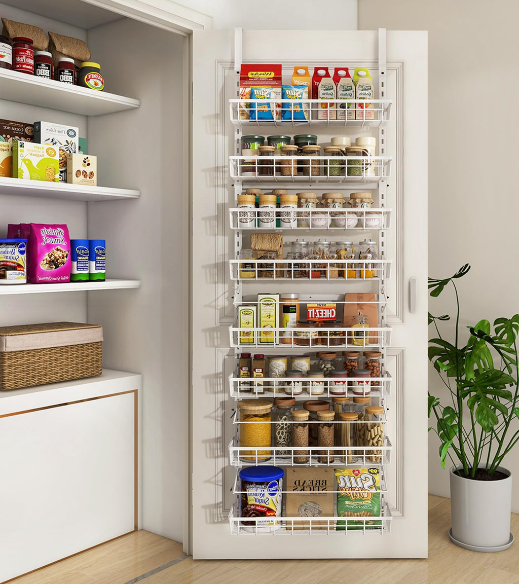 Mefirt Over The Door Pantry Organizer, Wall Mount Spice Rack, Pantry Hanging Storage and Organization, 8 Adjustable Baskets Heavy-Duty Metal for Home & Kitchen, Back of Door Seasoning Rack - White