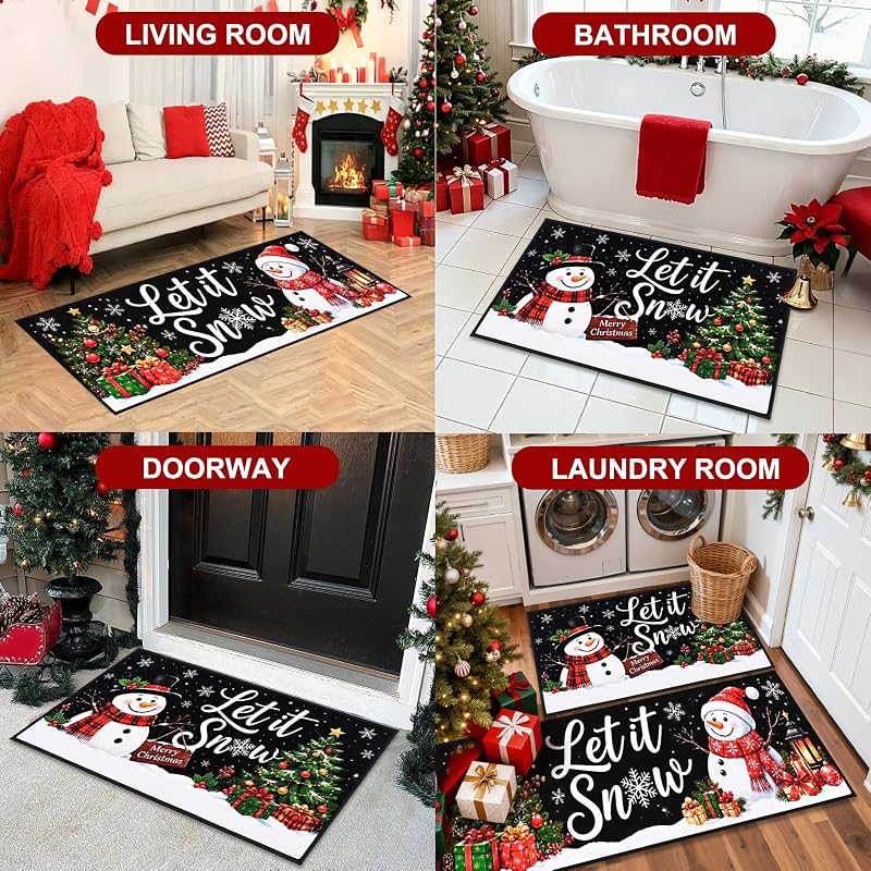 Let It Snow Christmas Kitchen Rugs Set of 2 – 17x30 & 17x47 Runner with Non Slip Backing, Snowman Crystal Velvet