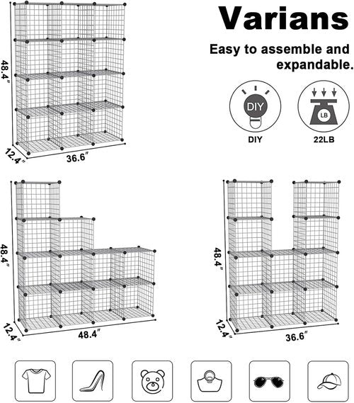 C&AHOME Wire Cube Storage - 12-Cube Organizer with Modular Metal Grids | Ideal for Home & Office, Silver Gray, 36.6”L x 12.4”W x 48.4”H