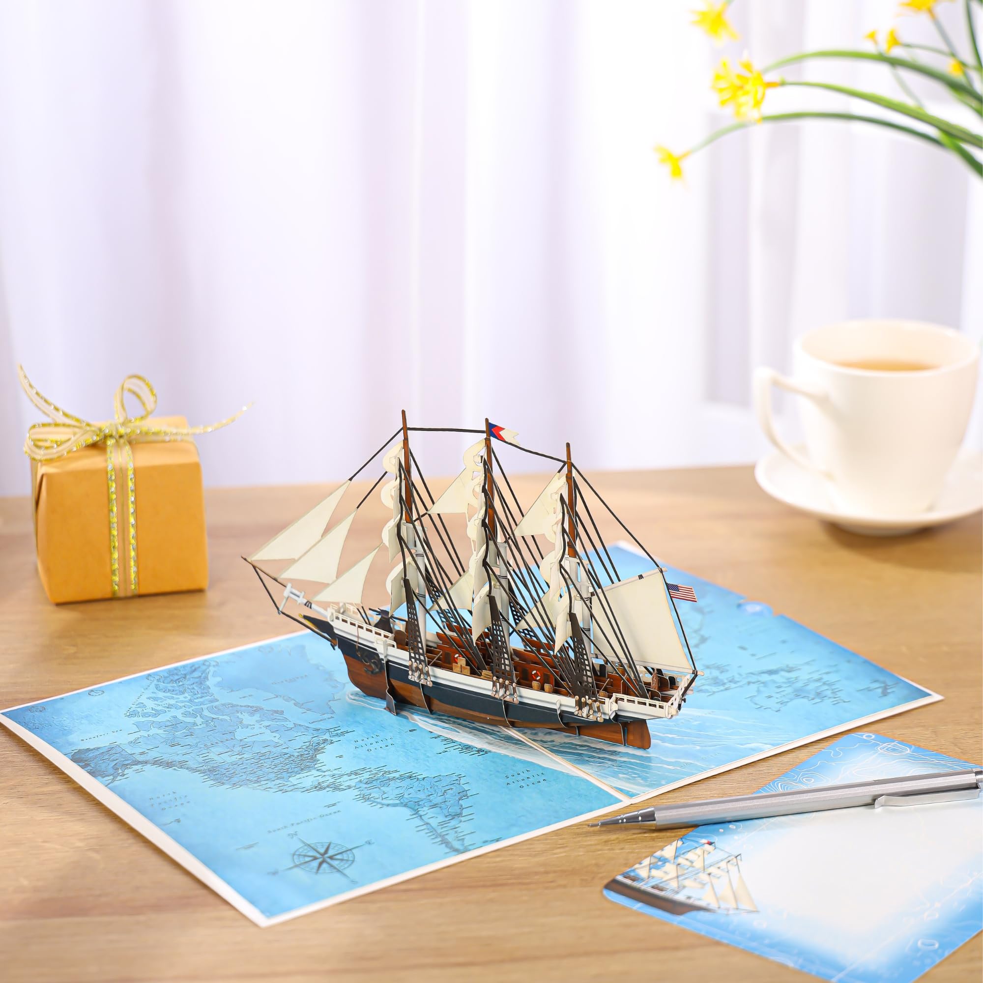 Sailboat Pop Up Fathers Day Card for Men, 3D Ship, Ocean, Handmade Birthday Card, Ideal Gift for Father's Day, Retirement, Friendship for Dad, Husband, Grandfather, Men, Coworker, Boaters,Ocean Lovers