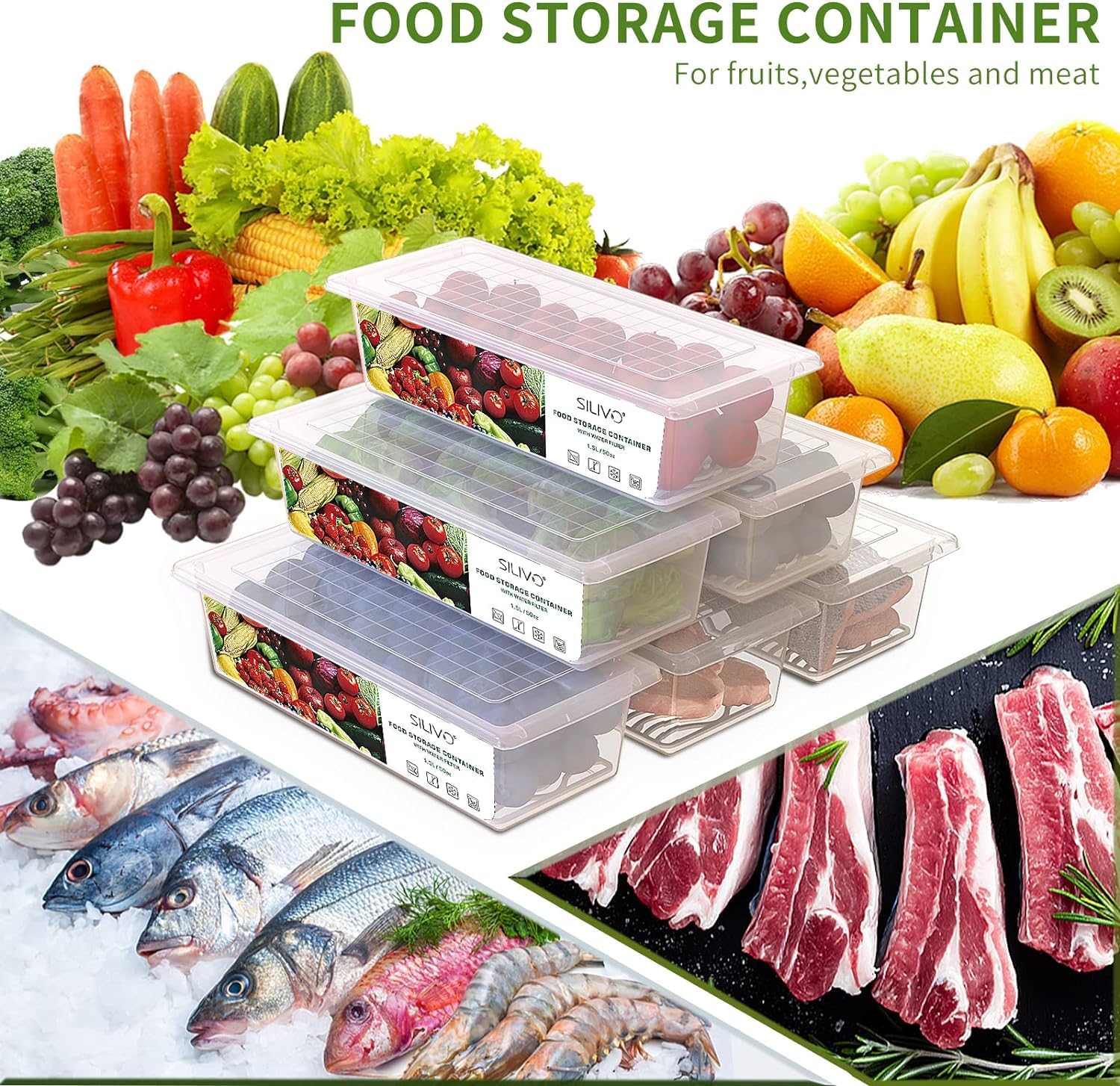 SILIVO Fruit Storage Containers - 1.5L Produce Saver with Removable Drain Tray | 3 Pack for Fresh Fruits & Vegetables