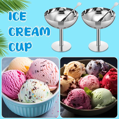 Reallnaive 12 Sets Stainless Steel Ice Cream Cups 6.7 Oz Small Footed Bowls with Forks Bulk Stainless Dessert Cup for Serving Pudding Fruit Summer Birthday Party Supply (Glossy,Silver)