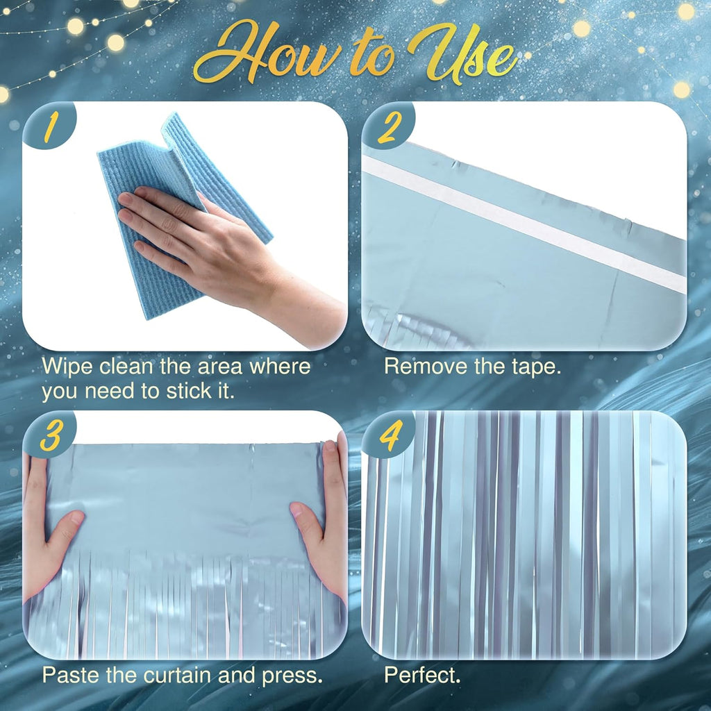 Skiennix 2 Pack Metallic Light Blue Fringe Backdrop - 3.2x8.2ft Shining Foil Tinsel Curtains for Parties & Events