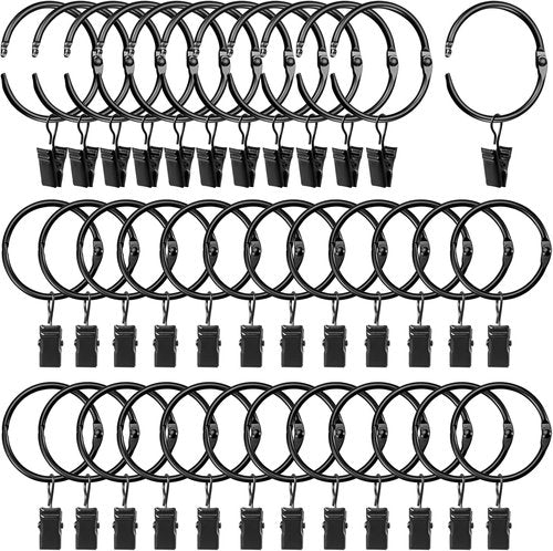 LLPJS Openable Curtain Rings - Durable Drapery Clips with Hooks | 1.26" Interior Diameter, Black, Set of 36