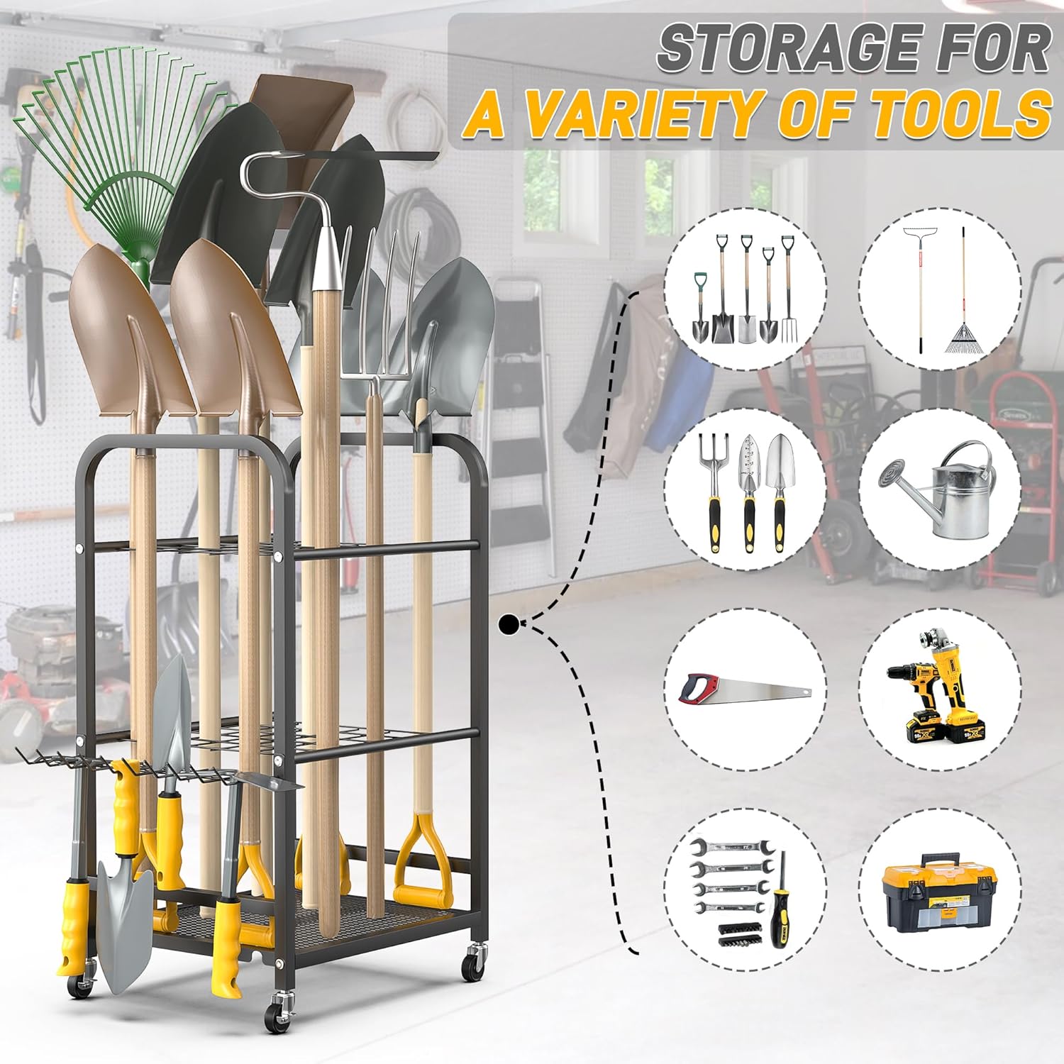 Ultrawall Garden Tool Organizer Stand - Lockable Wheels for Easy Storage | Indoor & Outdoor Tool Rack