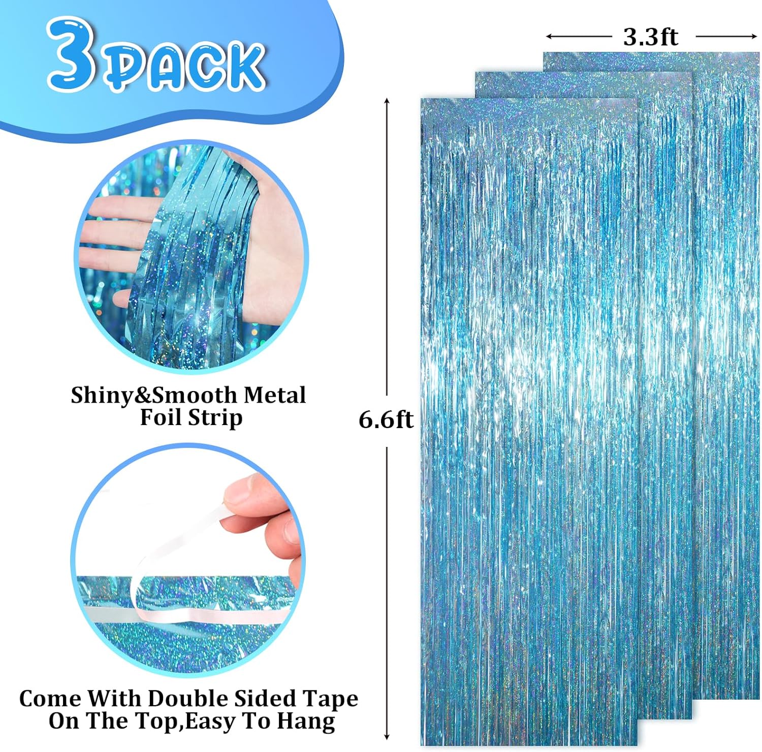 Voircoloria Foil Fringe Backdrop Curtains - 3.3 x 6.6 Ft Tinsel Streamers for Parties | Light Blue