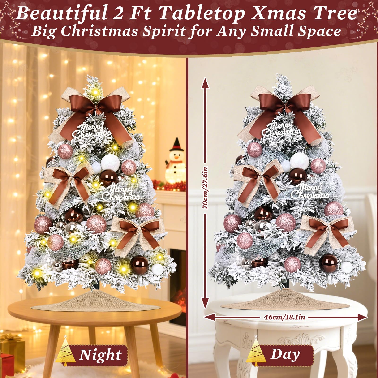 Uspring 2Ft Flocked Small Christmas Tree with Lights, Artificial Table Top Christmas Tree with 62 Pre-Decorated Ornaments, Full Mini Xmas Trees for Indoor Holiday Decor