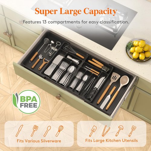 Lifewit Silverware Drawer Organizer, Expandable BPA Free Plastic Utensil Tray for Kitchen, Adjustable Flatware Cutlery Holder for Spoons Forks Knives, 21.3- 36 x 16.9", Black