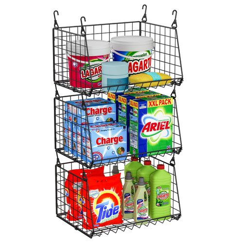 3-Pack Hanging Laundry Room Organizaton：Foldable Laundry Basket Wire Basket with 360°Rotating Hooks Small Space Organization Over Washer and Dryer Shelves - Hanging Closet Organizer, Black Patent