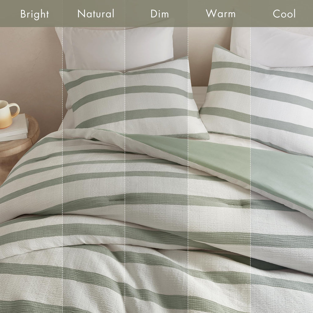 Madison Park Essentials Striped Comforter Set King Size, Yarn-Dyed Reversible Comforter with Minimalist Stripes, Crinkled Texture Bedding Set for All-Season Lightweight Warmth, Merritt Sage Green