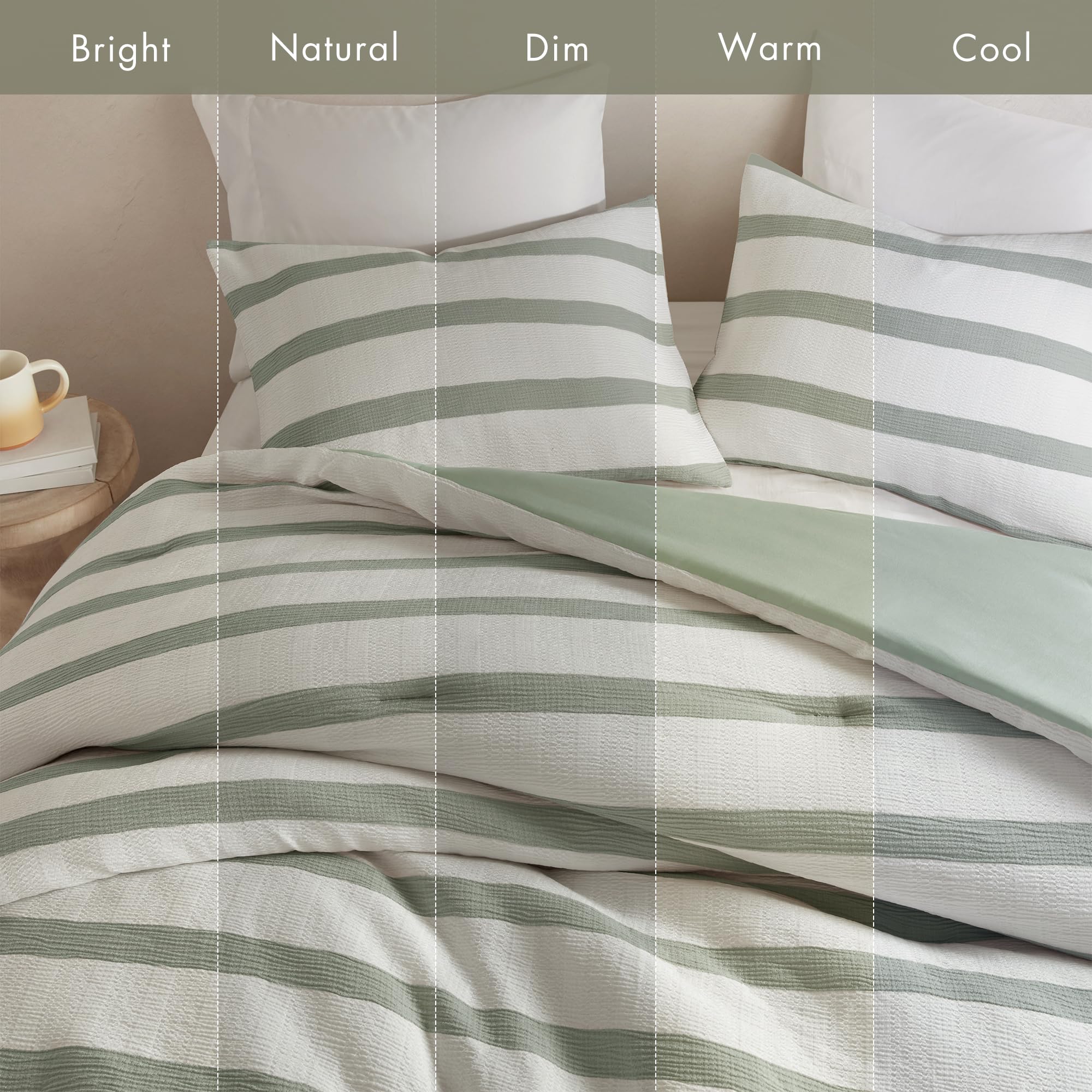 Madison Park Essentials Striped Comforter Set King Size, Yarn-Dyed Reversible Comforter with Minimalist Stripes, Crinkled Texture Bedding Set for All-Season Lightweight Warmth, Merritt Sage Green