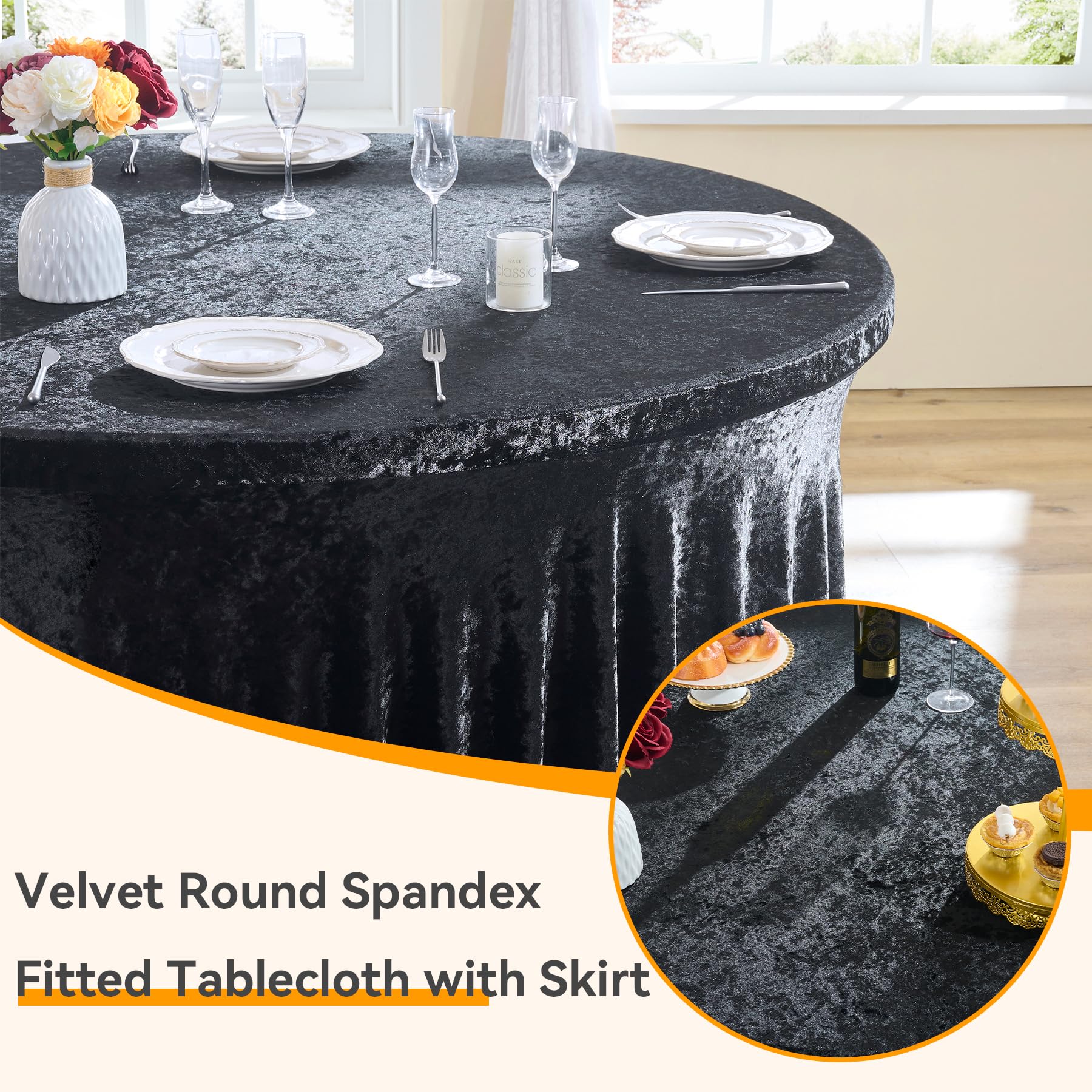 Outpain 4Pack 60 Inch Round Velvet Tablecloths - 120 Inch Stretch Spandex Table Cover with Floor-Length Skirt, Wrinkle-Free Luxury Elastic Table Cloths for Weddings,Banquets,Events (Black)
