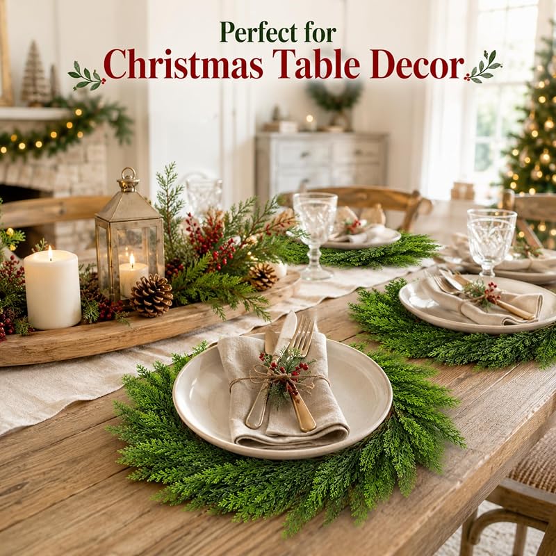 Christmas Placemat Set of 6 Artificial Pine Needle Wreath Round Mats – 26cm Center 40cm Edge, 6+ Soft Pine Needles