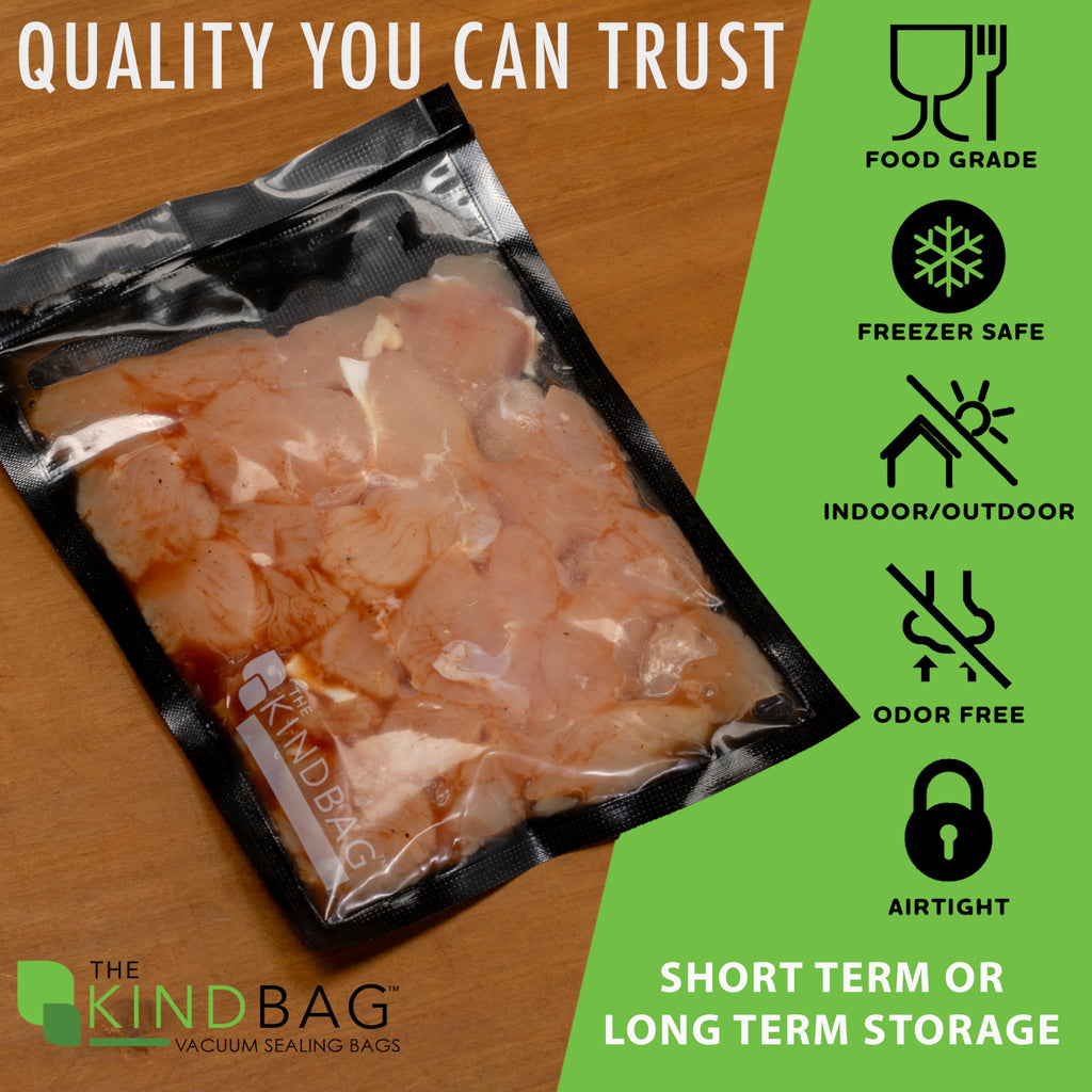 The Kind Bag Vacuum Seal Bags for Food; Food Grade, BPA Free & Freezer Safe; Airtight, Odor Free and Moisture Free; Commercial Grade 5mil Clear & Black; 11.5x24 inch Pre Cut Bags (100 ct)