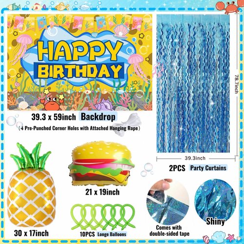 Sponge Birthday Decorations Kit - 153Pcs Under the Sea Party Supplies with Balloon Arch, Backdrop & Video Guide - All-in-One Vibrant Decor for Kids & Teens Birthday, Easy No-Stress Setup