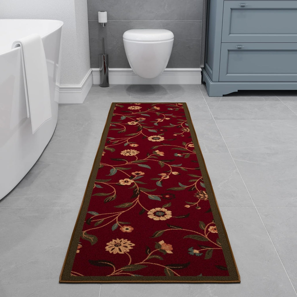 Ottomanson Hallway Runner Rug - Non-Slip Floral Design | Easy to Clean 1'10" x 6' Red Carpet for Entryway & Living Room