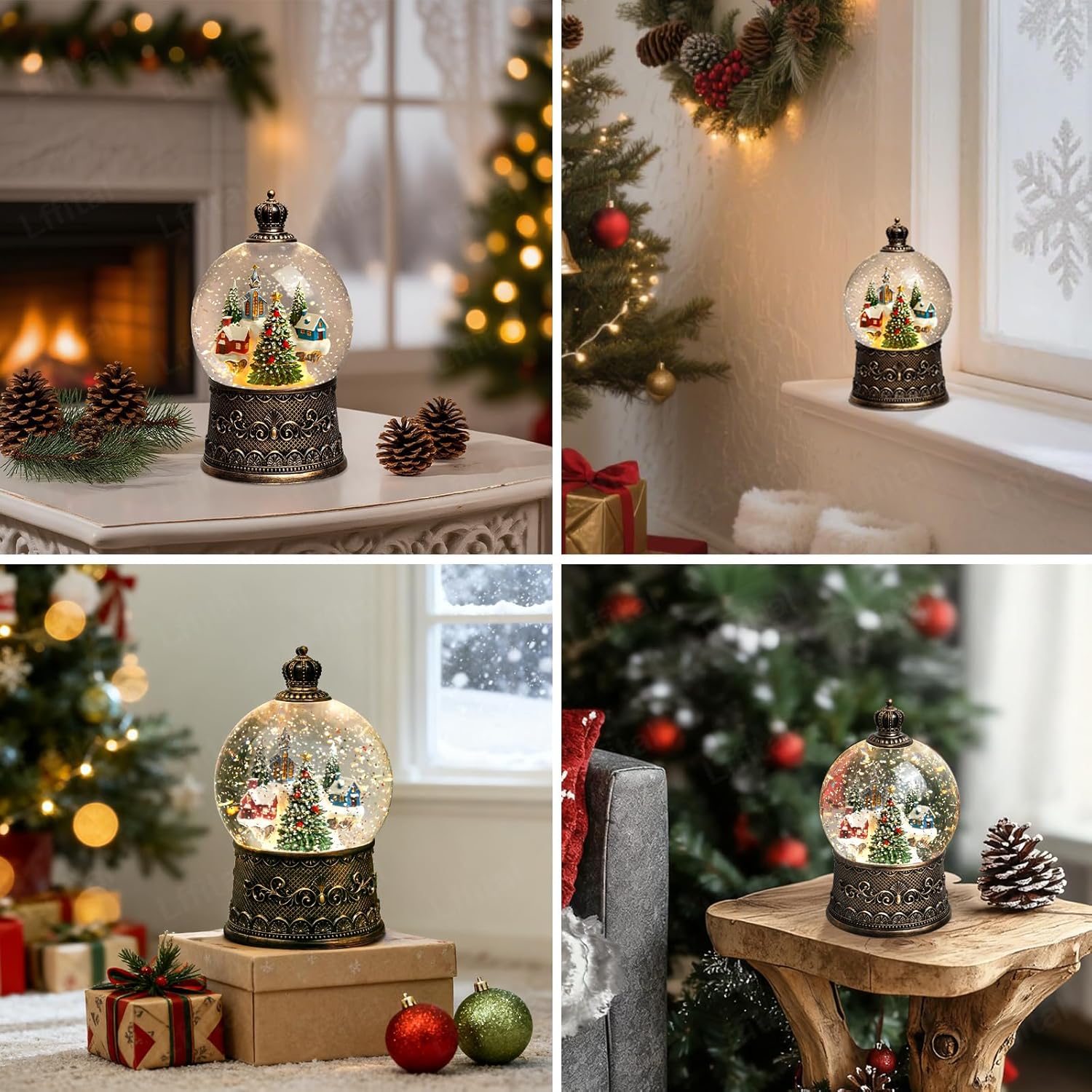Skiennix Christmas Snow Globe Lantern - Lighted Indoor Decorations with Music Timer & Glitter | Mountain Church Design