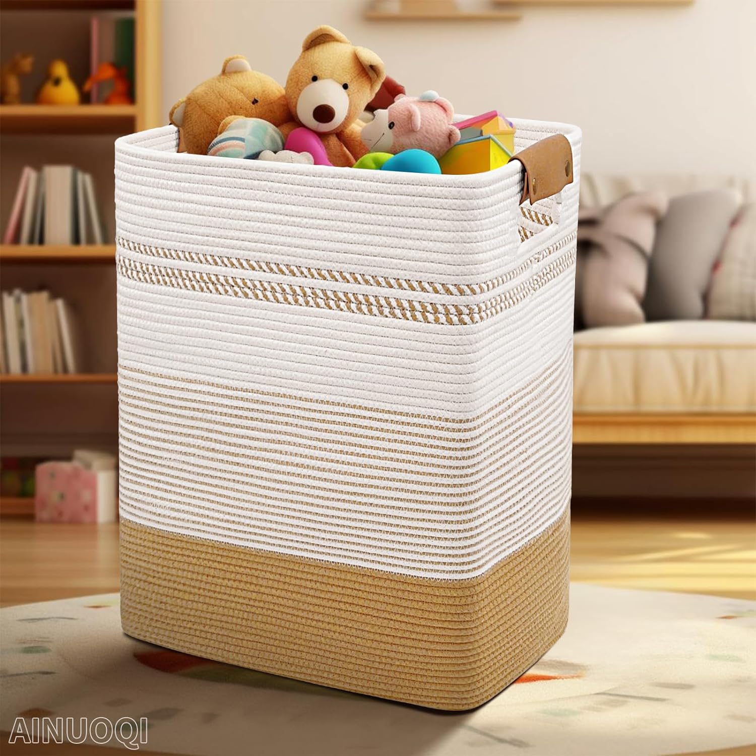 Skiennix Large Laundry Hamper - 85L Cotton Rope Woven Storage Bin with Leather Handles | Versatile for Blankets, Toys, and More